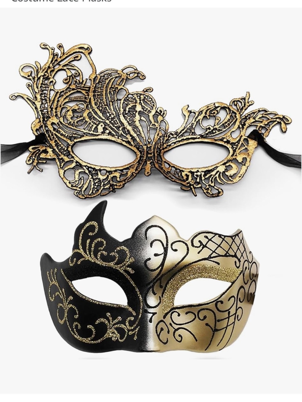 Gold & Black Venetian Lace Face Mask - Elegant Women's Costume Mask—Set of 2